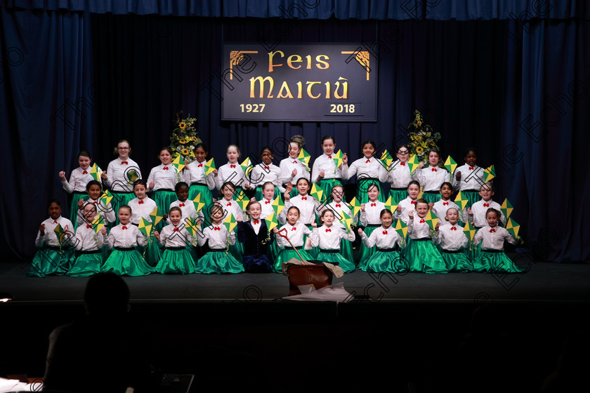 Feis28022018Wed05 
 On a snowy day only one choir made it into the hall for their performance, Scoil mhuire, Ballincollig braved the elements, snow and ice and totally enthralled the adjudicator, Marilynne Davies that she asked them to perform again and they did, spectacularly, showing their skill and talents so well that they were awarded the highest mark of 90 points, a rare achievement made all the more special on a day that most schools were closed due to weather and also making the choirs first visit to eh Feis performing a medley from Mary Poppins during the The Pam Golden Perpetual Cup Group Action Songs Primary Schools Class 104 Feis Maiti 92nd Festival held in Fr. Mathew Hall. EEjob 27/02/2018 Picture: Gerard Bonus.