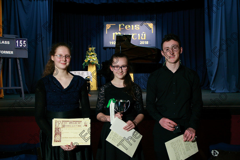 Feis07022018Wed40 
 40
Grainne Ni Siochain Ni Bheolain took 3rd place; 1st. place, Anna Jansson from Wilton Gold Medallist, Bursary and Cup winner and Shane Brennan from Ballincollig, Silver Medallist & second place.
 Instrumental Music Class 155: The Bridget Doolan Memorial Perpetual Cup and Bursary, Bursary Value 150 Piano Concerto Feis Maiti 92nd Festival held in Fr. Mathew Hall. EEjob 05/02/2018 Picture: Gerard Bonus.