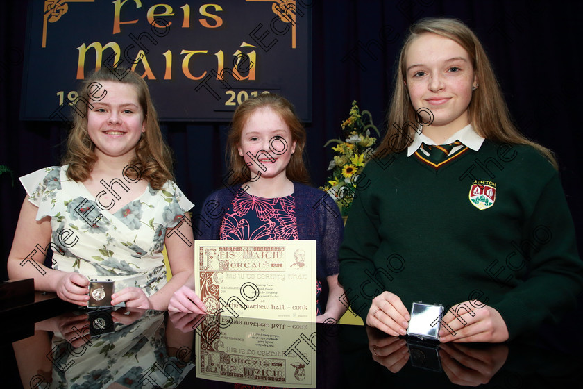 Feis04032019Mon24 
 24
Silver Medallist Leah Walsh from Castlemahon Limerick; 3rd place Aisling Finn from Fermoy and Bronze Medallist Kate Hogan from Blackrock.

Class: 53: Girls Solo Singing 13 Years and UnderSection 2John Rutter A Clare Benediction (Oxford University Press).

Feis Maiti 93rd Festival held in Fr. Mathew Hall. EEjob 04/03/2019. Picture: Gerard Bonus