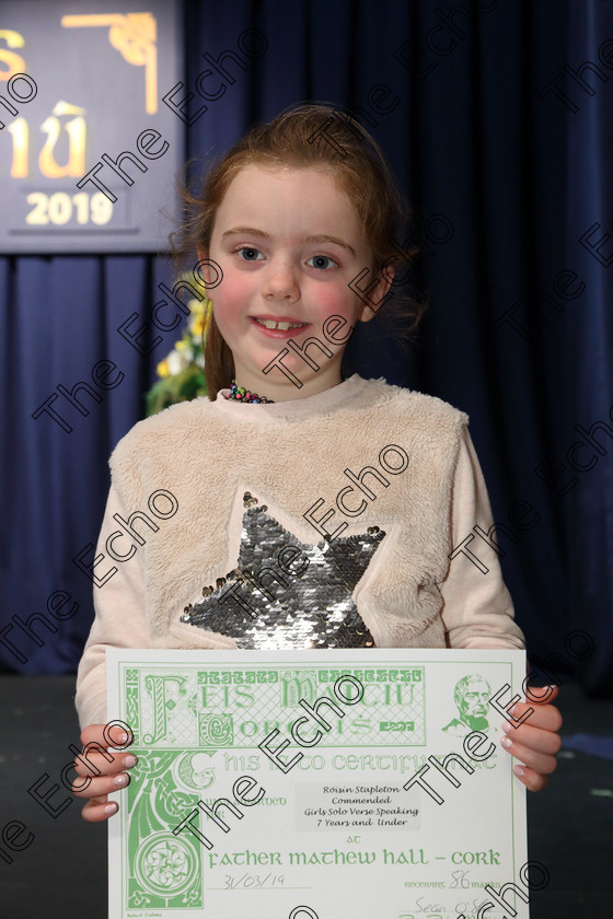 Feis31032019Sun56 
 56
Commended: Rosn Stapleton, Currabeg.

Class: 368: Solo Verse Speaking Girls 7 Years and Under Section 5 Either: The Mermaid Theresa Heine. Or: Night Ride Celia Warren.

Feis Maiti 93rd Festival held in Fr. Mathew Hall. EEjob 31/03/2019. Picture: Gerard Bonus