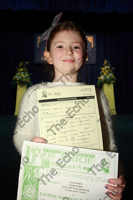 Feis23032019Sat05 
 5
Commended Zoe Murphy from Midleton.

Class: 368: Solo Verse Speaking Girls 7 Years and Under Section 3
Either: The Mermaid Theresa Heine or Night Ride Celia Warren.

Feis Maiti 93rd Festival held in Fr. Mathew Hall. EEjob 23/03/2019. Picture: Gerard Bonus.