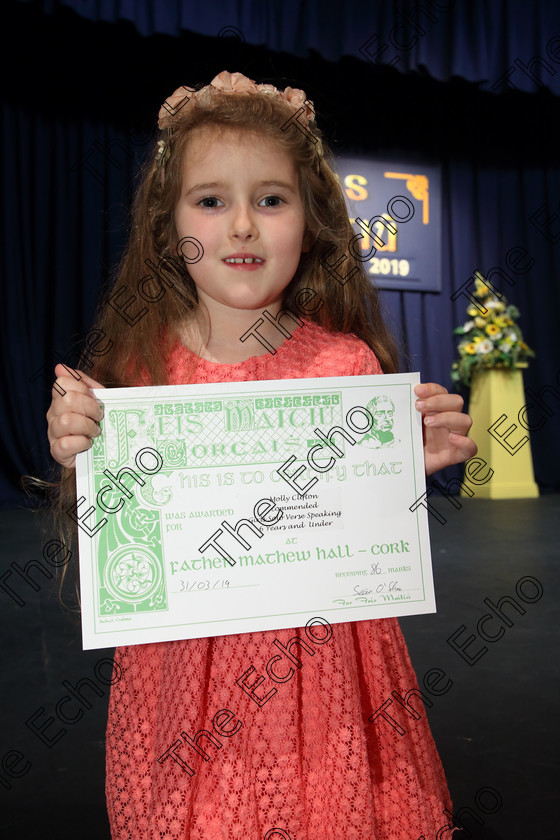 Feis31032019Sun51 
 51
Commended performance: Molly Clifton from Midleton

Class: 369: Solo Verse Speaking Girls 6 Years and Under Section 3 Either Ice Cone Island Bernard Lodge or Night Fright Marian Swinger.

Feis Maiti 93rd Festival held in Fr. Mathew Hall. EEjob 31/03/2019. Picture: Gerard Bonus