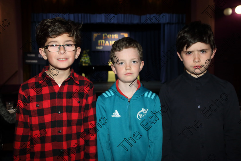 Feis28032019Thu17 
 17
Jake OConnell, Joe Wrixon and Jack Ryan from Bishopstown and Blarney.

Class: 365: Solo Verse Speaking Girls 10Years and Under Section 4 Either: Meeting Rachel Field or Wanted A Witches Cat Shelagh McGee.

Feis Maiti 93rd Festival held in Fr. Mathew Hall. EEjob 28/03/2019. Picture: Gerard Bonus