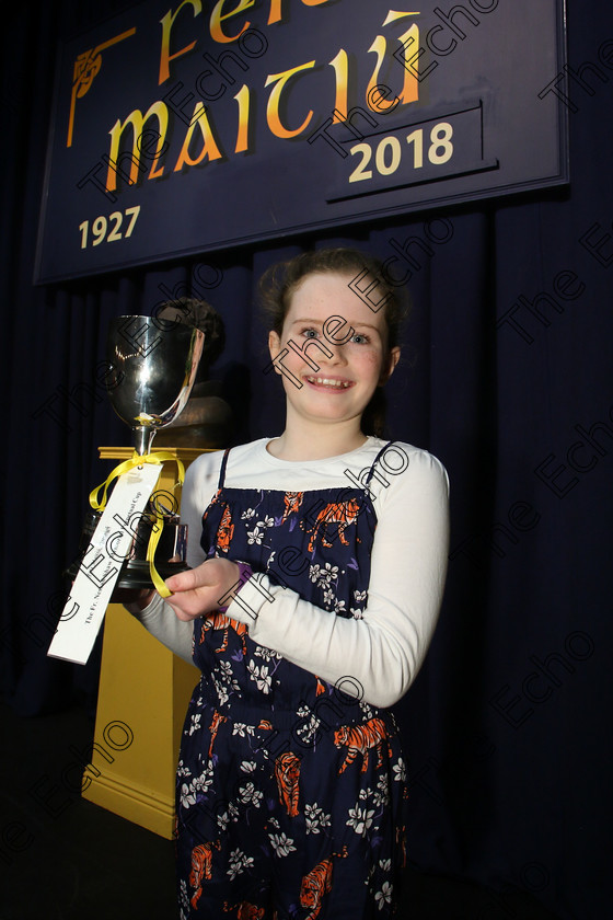 Feis16032018Fri39 
 39
Overall winner of 3 sections with 87 Marks Andrea Lehane from Ballinlough .
 Speech and Drama Class: 328: The Fr. Nessan Shaw Memorial Perpetual Cup Dramatic Solo 10 Years and Under Section 3 Feis Maiti 92nd Festival held in Fr. Mathew Hall. EEjob 16/03/2018 Picture: Gerard Bonus.