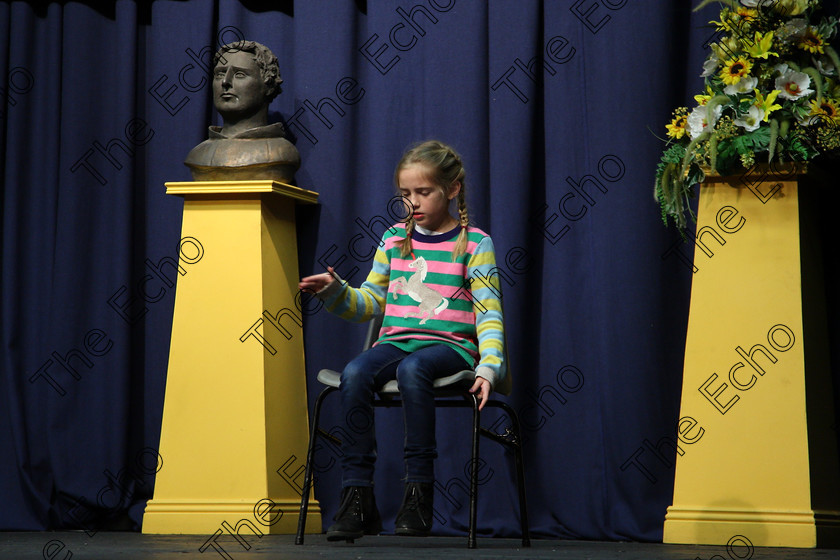 Feis14032018Wed16 
 15~16
Clona Murphy giving a Commended performance of Molly Forced to Play The Piano.
 Speech and Drama Class: 328: The Fr. Nessan Shaw Memorial Perpetual Cup Dramatic Solo 10 Years and Under Section1Feis Maiti 92nd Festival held in Fr. Mathew Hall. EEjob 14/03/2018 Picture: Gerard Bonus.