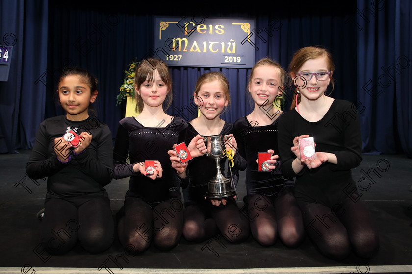 Feis29032019Fri56 
 57
Cup Winners and Silver Medallists ACD Group Hiyaam Zulquernain, Ciara Bohan, Laura ONeill, Rachel Epsey and Lily Walsh.

Class: 469: The Thomas OConnell Memorial Perpetual Cup Group Mime 9 Years and Under choice of (a) A Walk in the Park(c) Hide and Seek (b) The Fun Fair(d) Lets Build a Snowman.

Feis Maiti 93rd Festival held in Fr. Mathew Hall. EEjob 29/03/2019. Picture: Gerard Bonus