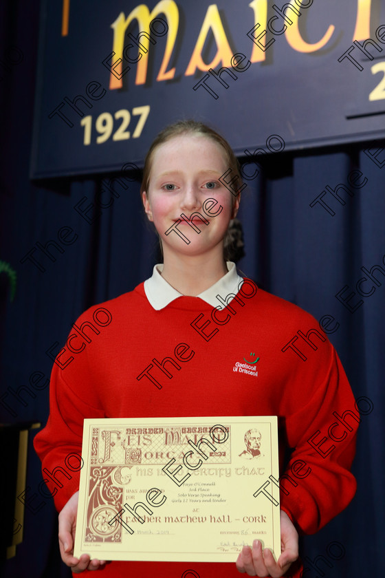 Feis20032019Wed22 
 22
3rd place Faye OConnell from Knockraha.

Class: 363: Solo Verse Speaking Girls 12Years and Under Section 2 Either: What has Happened to Lulu? Charles Causley or The Woman of Water Adrian Mitchell.

Feis Maiti 93rd Festival held in Fr. Mathew Hall. EEjob 20/03/2019. Picture: Gerard Bonus.