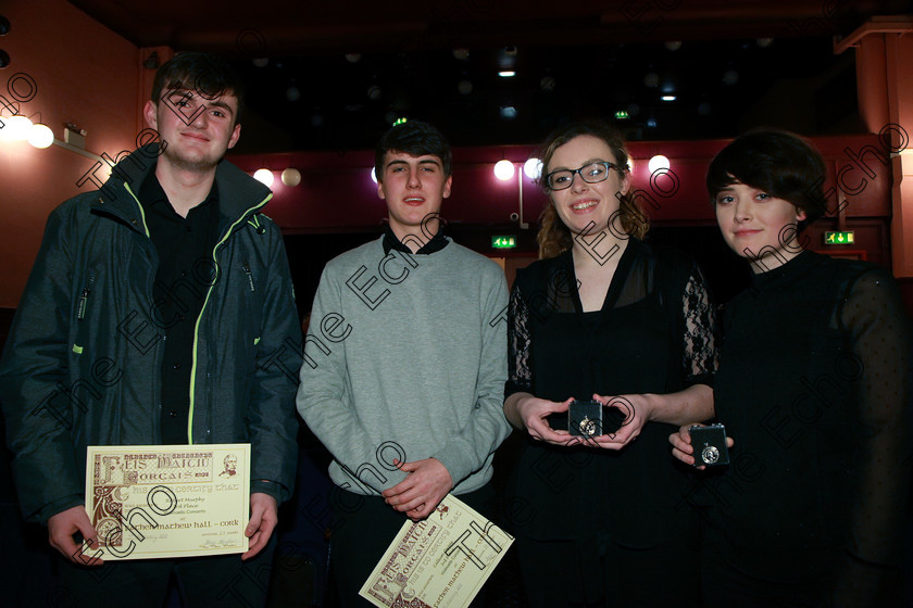 Feis05022018Mon28 
 27
Joint 3rd place Robert Murphy from Kilkenny and Callum Owens from Douglas; 1st Place; Gold Medallist Grace Coughlan from Fermoy and 2nd Place; Silver Medallist and Zoe Stedje from Limerick.
 Instrumental Music Class: 246: Violoncello Concerto One Movement from a Concerto; Feis Maiti 92nd Festival held in Fr. Matthew Hall. EEjob 05/02/2018 Picture: Gerard Bonus.