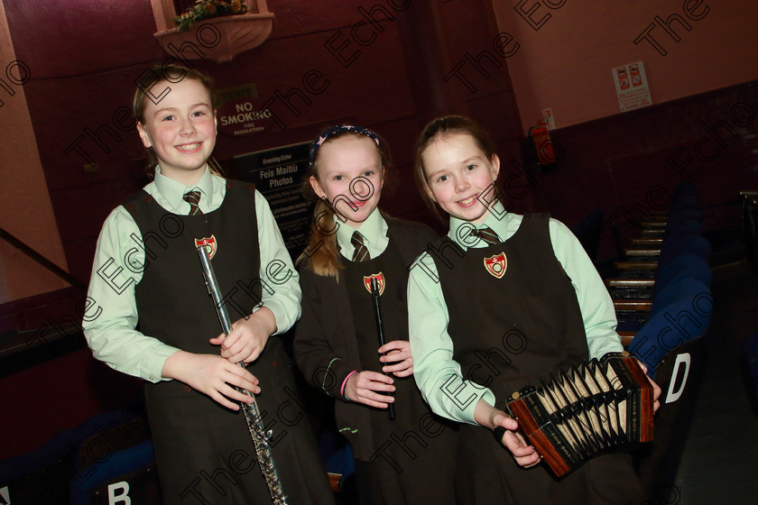 Feis12022019Tue30 
 30
Isobelle Dooley, Sarah Field and Tara Goulding from St Catherines NS Bishopstown.

Class: 281: The Sarah ODonovan Memorial Perpetual Cup Flageolet Bands Two contrasting pieces.

Feis Maiti 93rd Festival held in Fr. Mathew Hall. EEjob 12/02/2019. Picture: Gerard Bonus