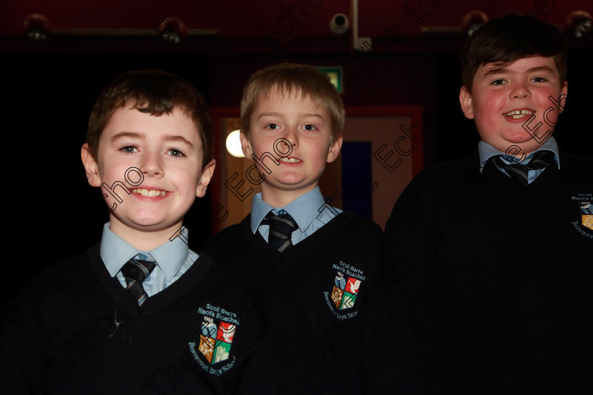 Feis20032019Wed05 
 5
Kyle French Tyrell, Rian ODonaile and John Dorney from Beaumont Boys School.

Class: 476: The Peg OMahony Memorial Perpetual Cup Choral Speaking 4th Class (a) The Three Little Pigs Marian Swinger (b) Own Choice.

Feis Maiti 93rd Festival held in Fr. Mathew Hall. EEjob 20/03/2019. Picture: Gerard Bonus.