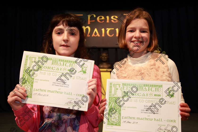 Feis19032019Tue08 
 8
Commended Aoife Boyle and Ruby Sinnott from Douglas and Bandon

Class: 365: Solo Verse Speaking Girls 10Years and Under Section 2 Either: Meeting Rachel Field or: Wanted A Witches Cat Shelagh McGee.

Feis Maiti 93rd Festival held in Fr. Mathew Hall. EEjob 19/03/2019. Picture: Gerard Bonus.