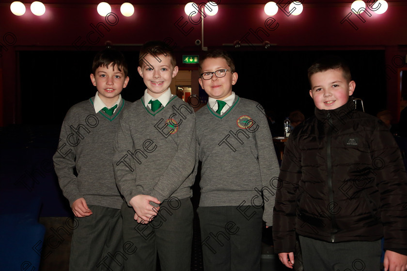 Feis20032019Wed08 
 8
Jamie Cahill, Jamie Galvin, Sam Minihan and James Leahy from Gaelscoil and Teaghaigh Naoife.

Class: 476: The Peg OMahony Memorial Perpetual Cup Choral Speaking 4th Class (a) The Three Little Pigs Marian Swinger (b) Own Choice.

Feis Maiti 93rd Festival held in Fr. Mathew Hall. EEjob 20/03/2019. Picture: Gerard Bonus.