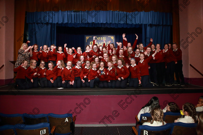 Feis27022019Wed53 
 52~53
Cup Winners and Silver Medallists Loreto 1st Year A. with Music Teacher Sharon Glancy.

Class: 83: The Loreto Perpetual Cup Secondary School Unison Choirs

Feis Maiti 93rd Festival held in Fr. Mathew Hall. EEjob 27/02/2019. Picture: Gerard Bonus