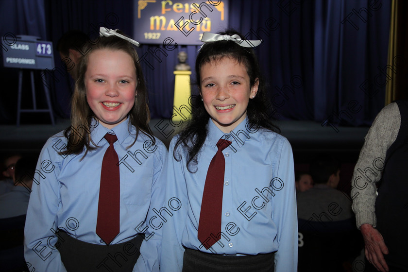 Feis27032019Wed05 
 5
Amy Heffernan and Mya OSullivan from Ovens NS.

Choral Speaking Class: 475: The Curran Memorial Perpetual Cup 5thClass (a) The Dragon Who Ate Our School Nick Toczek (b) Own Choice.
Class: 477: The Catherine Mahon Perpetual Cup 3rdClass (a) Queue for the Zoo Clare Bevan. (b) Own Choice.

Feis Maiti 93rd Festival held in Fr. Mathew Hall. EEjob 27/03/2019. Picture: Gerard Bonus