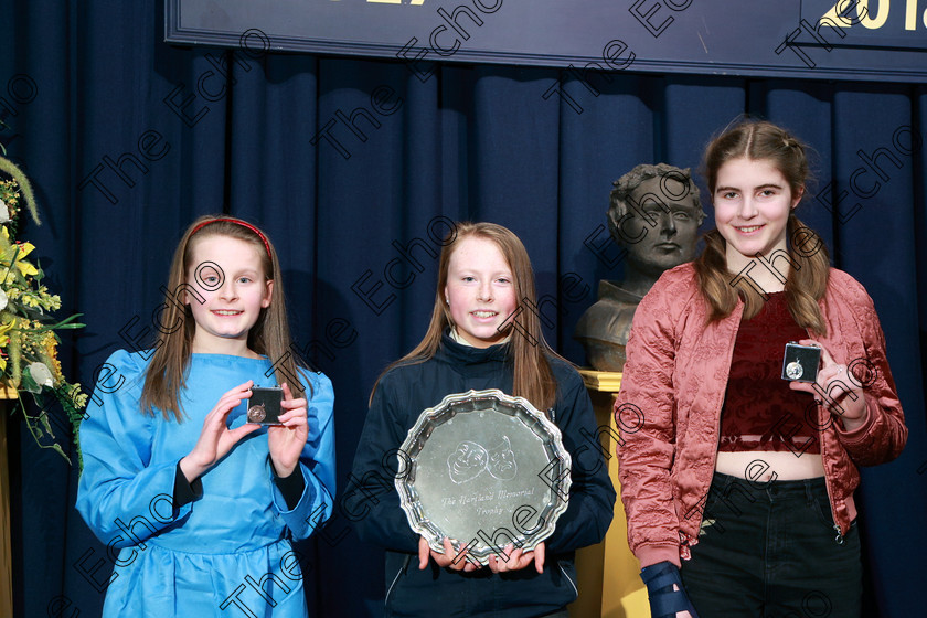 Feis21022018Wed63 
 63
Bronze Medallist Srinne Finn from Kilworth; Overall section winner Sophia Nolan from Glanmire and Silver Medallist Anna Scott from Ballintemple.
 Speech and Drama Class: 327: The Hartland Memorial Perpetual Trophy Dramatic Solo12 years and under section 3 Feis Maiti 92nd Festival held in Fr. Mathew Hall, EEjob 21/02/2018 Picture: Gerard Bonus.