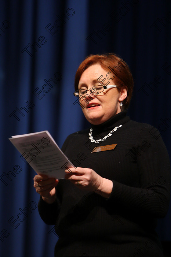 Feis27032018Tue21 
 21
Stage Hand Edel Burke welcoming everybody to Feis Maiti Corcaigh.
 Singing Class: 56: 7 Years and Under Crawley The Penguin Dance Feis Maiti 92nd Festival held in Fr. Mathew Hall. EEjob 27/03/2018 Picture: Gerard Bonus