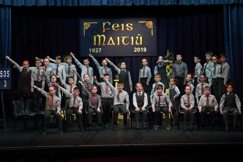 Feis03042019Wed21 
 16~22
Gaelscoil U Riordn Ballincollig performing.

Rinn: 533: Corn U Bhuachalla Cr-Reacaireacht 9 Bliana DAois N Faoina An Clog Padraig MacConcoille. (b) A Rogha Fin.

Feis Maiti 93rd Festival held in Fr. Mathew Hall. EEjob 03/04/2019. Picture: Gerard Bonus