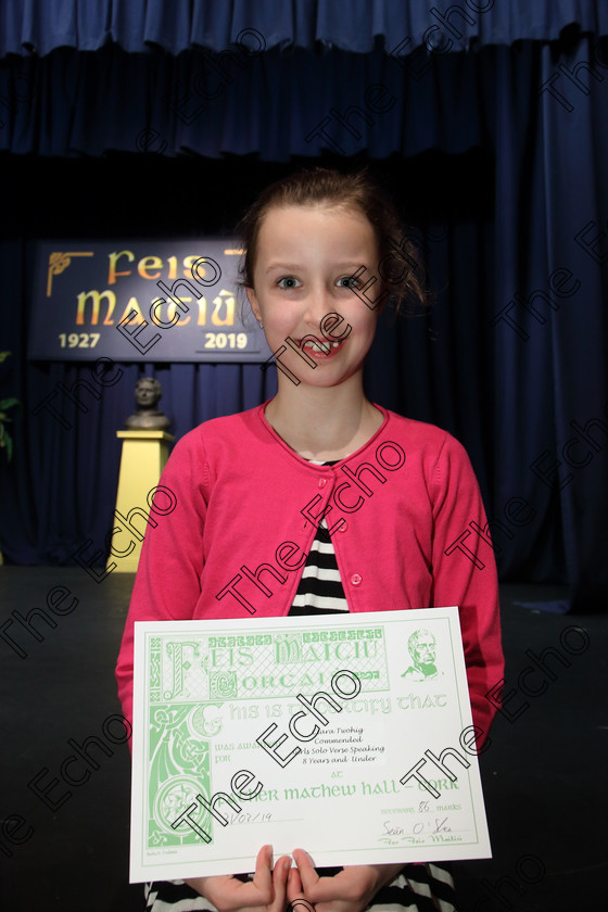 Feis31032019Sun02 
 2
Commended Ciara Twohig from Blackrock.

Class: 367: Solo Verse Speaking Girls 8 Years and Under Section 5 Either: Breakdown Jean Kenward or The Haunted House John Foster.

Feis Maiti 93rd Festival held in Fr. Mathew Hall. EEjob 31/03/2019. Picture: Gerard Bonus