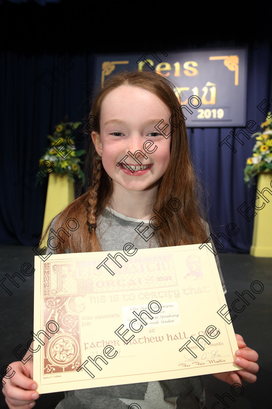 Feis31032019Sun61 
 61
3rd place Ellie Mai Williamson from Lisevine.

Class: 368: Solo Verse Speaking Girls 7 Years and Under Section 5 Either: The Mermaid Theresa Heine. Or: Night Ride Celia Warren.

Feis Maiti 93rd Festival held in Fr. Mathew Hall. EEjob 31/03/2019. Picture: Gerard Bonus