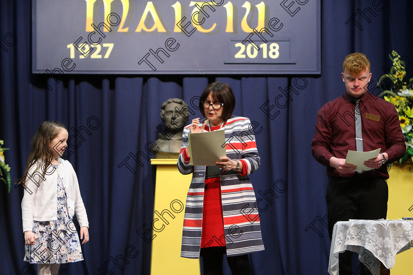 Feis25032018Sun28 
 28
Adjudicator: Maeve ODonoghue reading out Molly ODriscolls report as she received 3rd place with stagehand Sean OShea.
 Speech and Drama Class: 365: Solo Verse Speaking Girls 10 Years and Under Section 5 Feis Maiti 92nd Festival held in Fr. Mathew Hall. EEjob 25/03/2018 Picture: Gerard Bonus