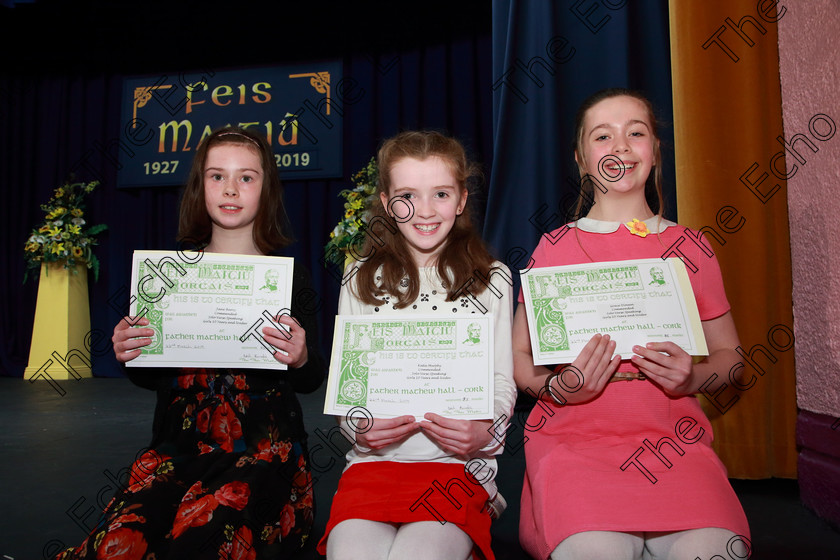 Feis22032019Fri12 
 12
Commended Jane Barry, Katie Murphy and Grace Dineen from Mallow and Rochestown.

Class: 365: Solo Verse Speaking Speaking Girls 10 Years and Under10Year sand Under Section 3. Either: Meeting Rachel Field or. Or: Wanted A Witches Cat Shelagh McGee.

Feis Maiti 93rd Festival held in Fr. Mathew Hall. EEjob 22/03/2019. Picture: Gerard Bonus.