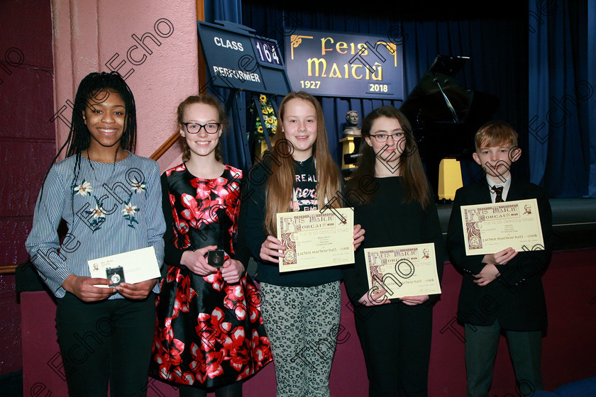 Feis31012018Wed11 
 11
Silver Medallist, Diamond Nzekwe from Knocknaheeny; Bronze Medallist; Eva Crowley from Riverstick. Joint 3rd place; Maeve Hannon from Wellington Road, Faustyna Long from Ballyvolane and Shea Hill from Turners Cross.
 Class: 164: Piano Solo 14 years and under. Feis Maiti 92nd Festival held in Fr. Matthew Hall. EEjob 31/01/2018 Picture: Gerard Bonus