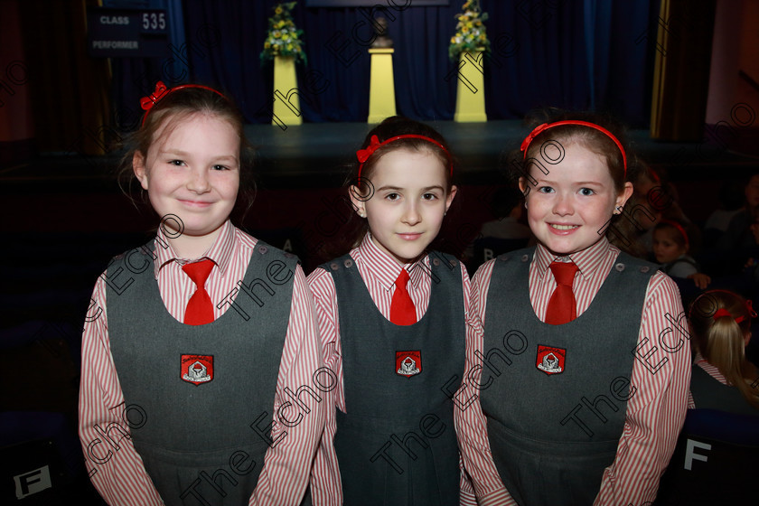 Feis03042019Wed05 
 5
Aisling N Riain, imhn Breathrach and Aisling N Thuama from Gaelscoil U Riada Wilton.

Rinn: 533: Corn U Bhuachalla Cr-Reacaireacht 9 Bliana DAois N Faoina An Clog Padraig MacConcoille. (b) A Rogha Fin.

Feis Maiti 93rd Festival held in Fr. Mathew Hall. EEjob 03/04/2019. Picture: Gerard Bonus