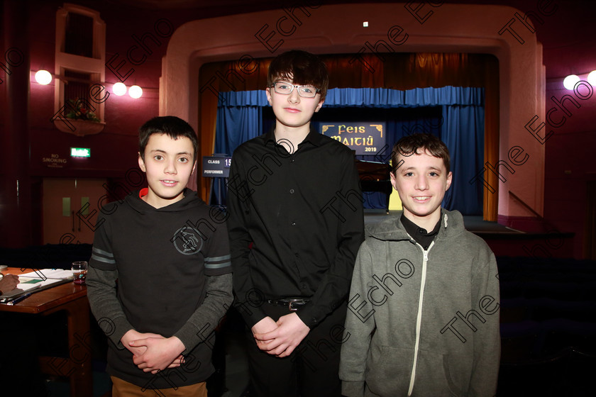 Feis0702109Thu03 
 3
Alexander ORourke, Karl Riedewald and Fearghal Desmond from Model Farm Road, Ballinlough and Douglas.

Class: 159: The Maud OHanlon Perpetual Cup Piano Repertoire 14Yearsand Under A Programme of contrasting style and period, time limit 12 minutes.

Feis Maiti 93rd Festival held in Fr. Matthew Hall. EEjob 07/02/2019. Picture: Gerard Bonus