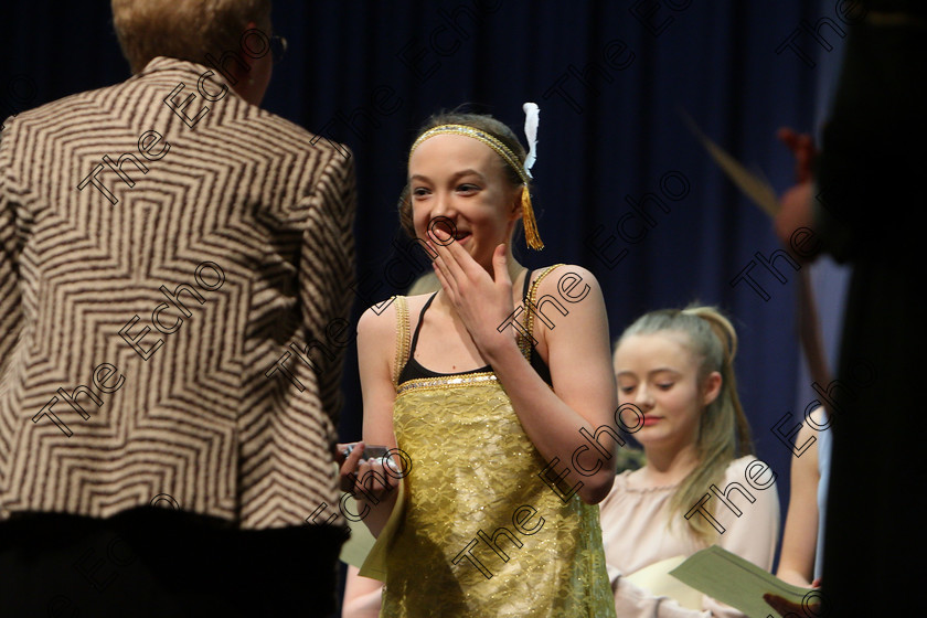 Feis08032018Thu28 
 28
Adjudicator: Marilynne Davies presenting the Overall Trophy to an astonished Abbie Palliser-Kehoe for her performance of Show Off from The Drowsy Chaperone.
 Singing and School Choirs Class: 112: The C.A.D.A. Perpetual Trophy Solo Action Song 14 Years and Under Section 2 Feis Maiti 92nd Festival held in Fr. Mathew Hall. EEjob 06/03/2018 Picture: Gerard Bonus.