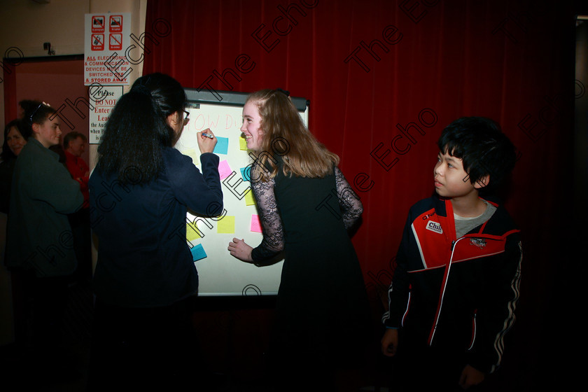 Feis31012018Wed42 
 42
Megan Chan and Helen Ruthledge signing the How Did It Go? Board watched by Bryan Chan all from Blackrock.
 Instrumental Music; Class: 236 The Shanahan & Co. Perpetual Cup: Advance Violin, one movement from a Concerto; Feis Maiti 92nd Festival held in Fr. Matthew Hall. EEjob 31/01/2018. Picture: Gerard Bonus.