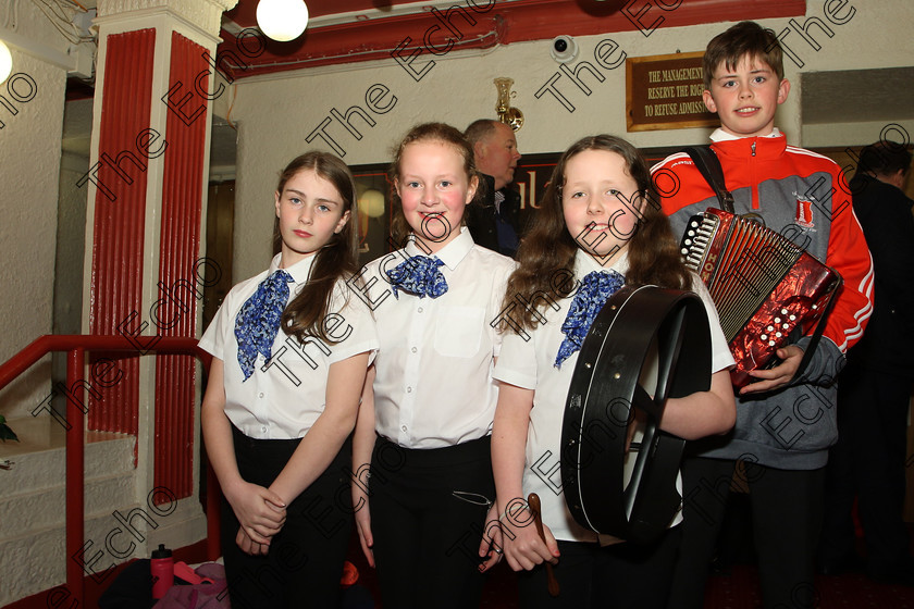 Feis23032018Fri06 
 6
Aoibhe Corby, Darcy Voronins, Sadhbh Hartnett and Hugh Mulcahy from Comhaltas U Mac Choille Midleton. 
 Ceol agus Amhrnaocht Traidisinta Class: 551: Grupa Ceoil Corn Evening Echo 14 Bliana DAois N Faoina Feis Maiti 92nd Festival held in Fr. Mathew Hall. EEjob 23/03/2018 Picture: Gerard Bonus