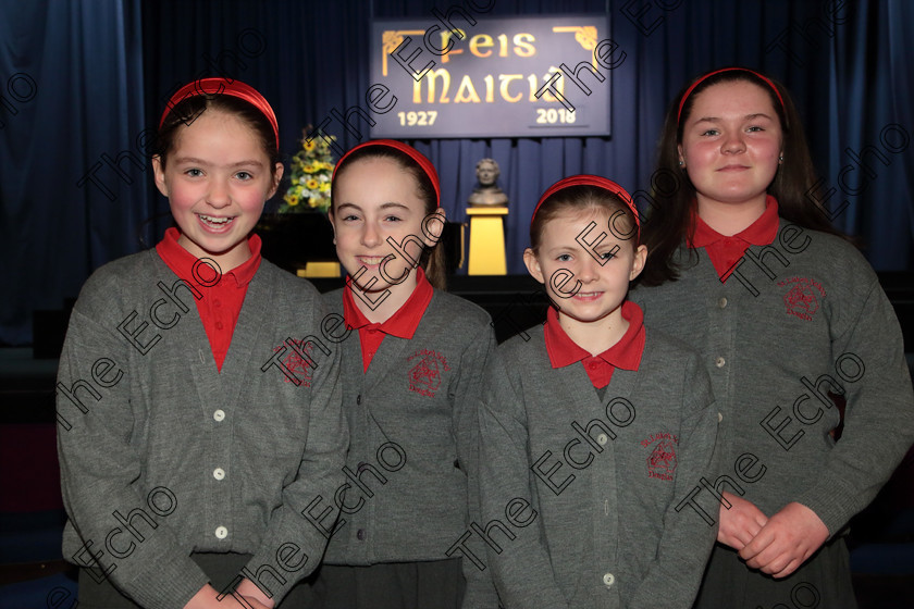 Feis12042018Thu02 
 2
Alex Dale, Sarah Noctor, Aisling Hanifin and Jessica Young from St Lukes NS Douglas.
 Singing Class: 84: The Sr. M. Benedicta Memorial Perpetual Cup Primary School Unison Choirs Section 1 Feis Maiti 92nd Festival held in Fr. Mathew Hall. EEjob 28/03/2018 Picture: Gerard Bonus