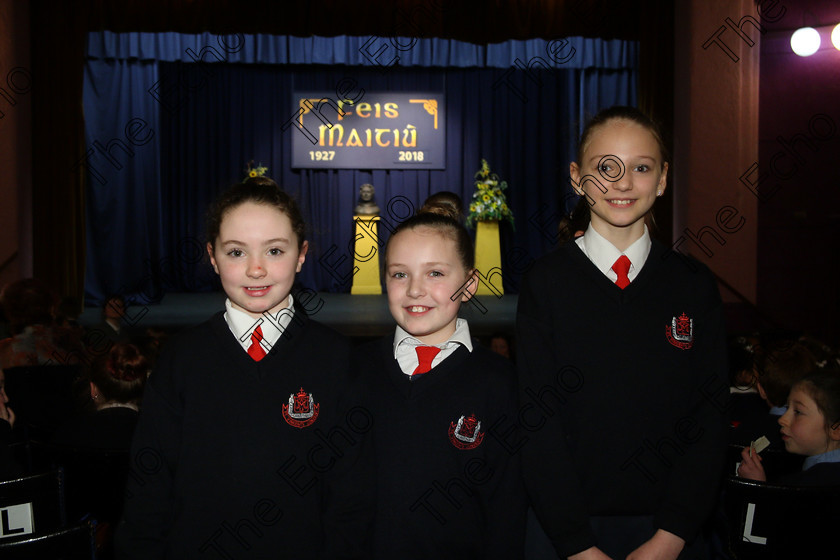 Feis23022018Fri48 
 48
Performers Abbey ODonoghue, Sophie Cronin and Sintija Sarkovsja from St. Vincents NS
 Speech and Drama Class: 476: The Peg OMahony Memorial Perpetual Cup Choral Speaking 4th Class Feis Maiti 92nd Festival held in Fr. Mathew Hall. EEjob 23/02/2018 Picture: Gerard Bonus.