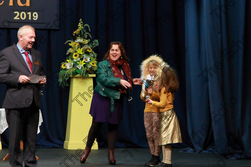 Feis12022019Tue25 
 25
Stagehand Harry Ormond announces the winner and Pam Golden presents her Cup to Mike Joe and Ellen Foley from Timoleague NS.

Class: 104: The Pam Golden Perpetual Cup Group Action Songs -Primary Schools Programme not to exceed 8 minutes.

Feis Maiti 93rd Festival held in Fr. Mathew Hall. EEjob 12/02/2019. Picture: Gerard Bonus