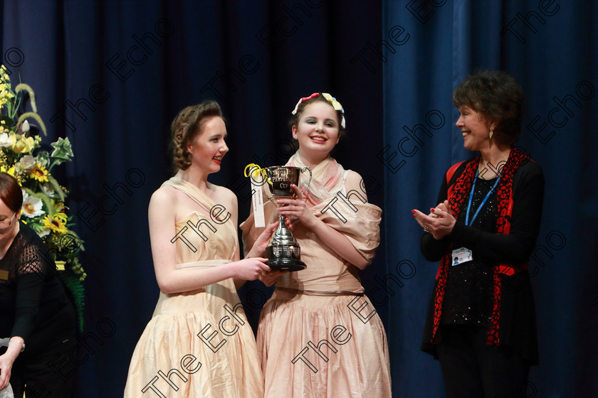 Feis28032019Thu37 
 37
Cup Winners and Silver Medallists Kate Tompkins and Chloe Flynn from Carrignavar and Bishopstown being congratulated by Adjudicator Cally Foster.

Class: 336: The Trevor Ryan Perpetual Cup 5Musical Drama Duo18 Years and Under A duo dialogue and song not to exceed 10 minutes.

Feis Maiti 93rd Festival held in Fr. Mathew Hall. EEjob 28/03/2019. Picture: Gerard Bonus