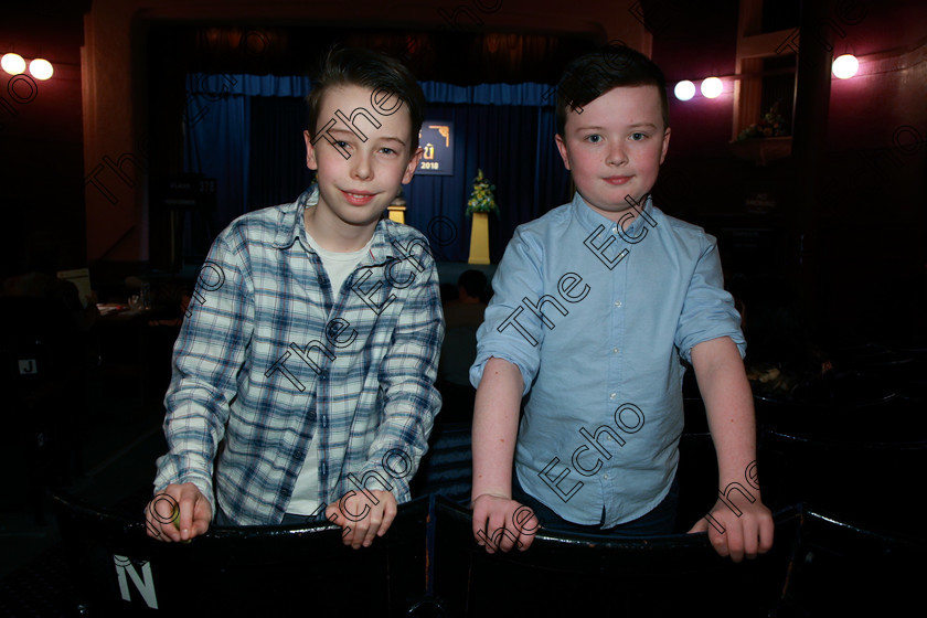 Feis23022018Fri67 
 67
Performers Darach Fanning and Donal Bird from Glasheen and Waterfall.
 Speech and Drama Class: 378: Solo Verse Speaking Boys 11 Years and UnderSection 1 Feis Maiti 92nd Festival held in Fr. Mathew Hall. EEjob 23/02/2018 Picture: Gerard Bonus.