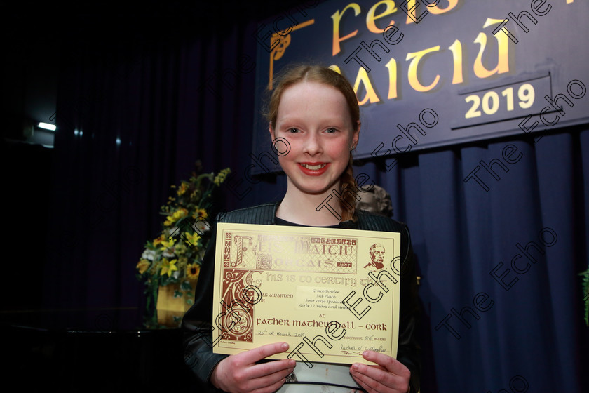 Feis20032019Wed21 
 21
3rd place Grace Bowler from Douglas.

Class: 363: Solo Verse Speaking Girls 12Years and Under Section 2 Either: What has Happened to Lulu? Charles Causley or The Woman of Water Adrian Mitchell.

Feis Maiti 93rd Festival held in Fr. Mathew Hall. EEjob 20/03/2019. Picture: Gerard Bonus.