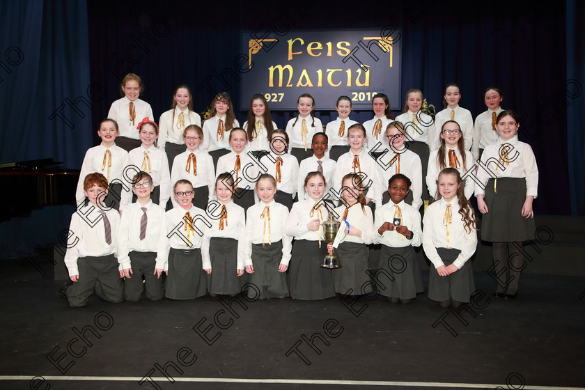 Feis28022019Thu28 
 28~29
Cup Winners and Silver Medallists Castlemartyr Childrens Choir.

Class: 84: The Sr. M. Benedicta Memorial Perpetual Cup Primary School Unison ChoirsSection 1Two contrasting unison songs.

Feis Maiti 93rd Festival held in Fr. Mathew Hall. EEjob 28/02/2019. Picture: Gerard Bonus