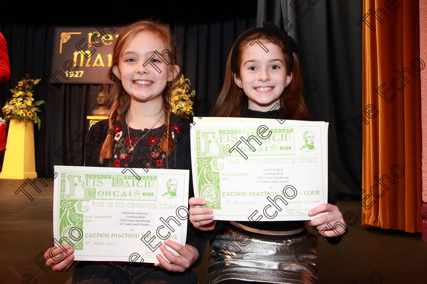 Feis19032019Tue06 
 6
Commended Helena Doherty and Isobel Bogue from Model Farm Road and Bishopstown.

Class: 365: Solo Verse Speaking Girls 10Years and Under Section 2 Either: Meeting Rachel Field or: Wanted A Witches Cat Shelagh McGee.

Feis Maiti 93rd Festival held in Fr. Mathew Hall. EEjob 19/03/2019. Picture: Gerard Bonus.