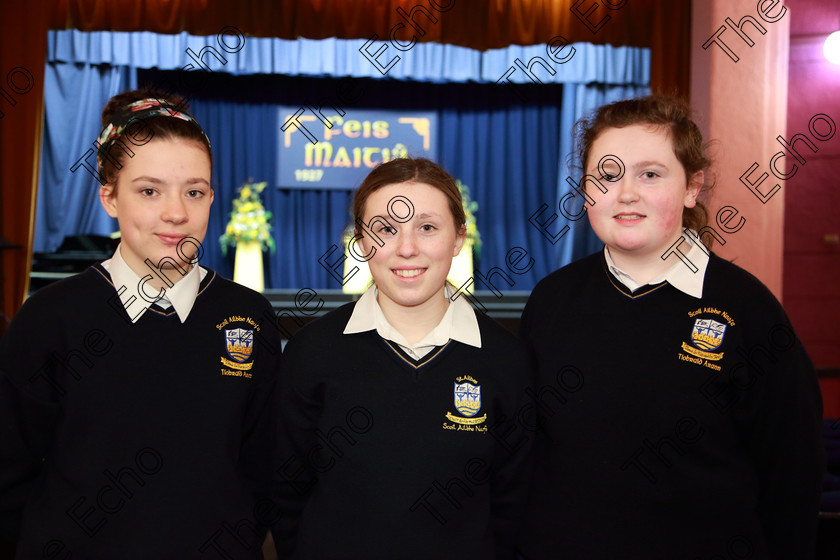 Feis27022019Wed01 
 1
Clara Cummins, Rodhna Hennessy and Ellie Merrigan from St. Ailbes Choir.

Class: 77: The Father Mathew Hall Perpetual Trophy Sacred Choral Group or Choir 19 Years and Under Two settings of Sacred words.
Class: 80: Chamber Choirs Secondary School

Feis Maiti 93rd Festival held in Fr. Mathew Hall. EEjob 27/02/2019. Picture: Gerard Bonus