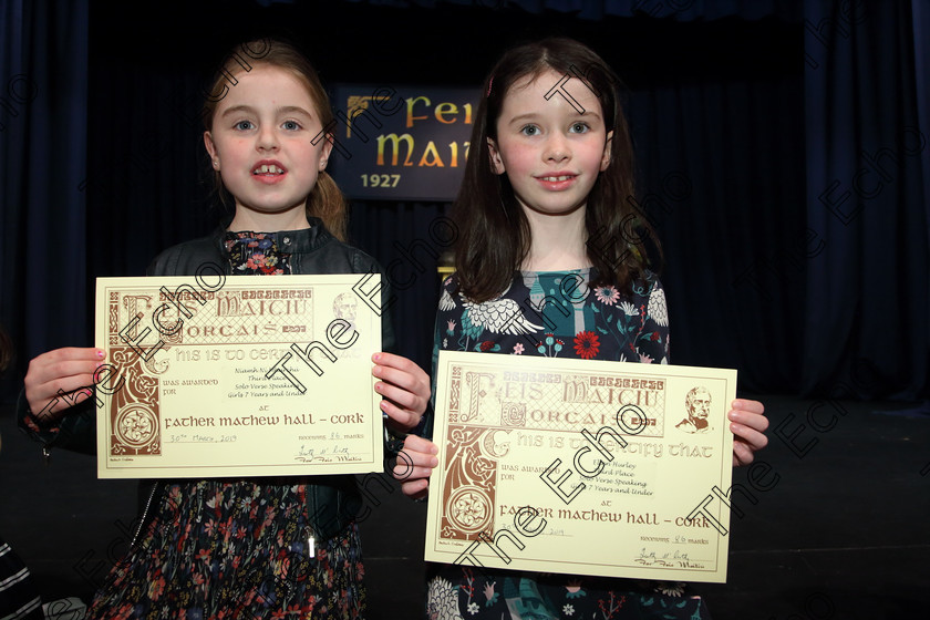 Feis30032019Sat53 
 53
3rd place Niamh N Mhurch from Carrigtwohill and Ellen Hurley from Ballinhassig.

Class: 368: Solo Verse Speaking Girls 7 Years and Under Section 4 Either: The Mermaid Theresa Heine or Night Ride Celia Warren.

Feis Maiti 93rd Festival held in Fr. Mathew Hall. EEjob 30/03/2019. Picture: Gerard Bonus