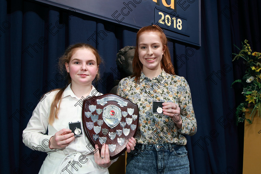 Feis22022018Thu67 
 67
Trophy Winners and Silver Medallists Vivienne Gleeson and Eilbhe McManamy from Carrigtwohill and Midleton.
 Speech and Drama Classes: 310: The Peg Hallahan Perpetual Trophy Dramatic Duo 14 Years and Under Feis Maiti 92nd Festival held in Fr. Mathew Hall. EEjob 22/02/2018 Picture: Gerard Bonus.