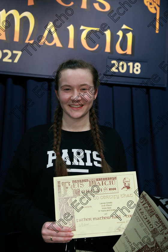 Feis05022018Mon15 
 15
Joint 3rd place Louise Greally from Carrigaline.
 Instrumental Music Class: 239: Violin Solo14 Years and Under Feis Maiti 92nd Festival held in Fr. Matthew Hall. EEjob 05/02/2018 Picture: Gerard Bonus.