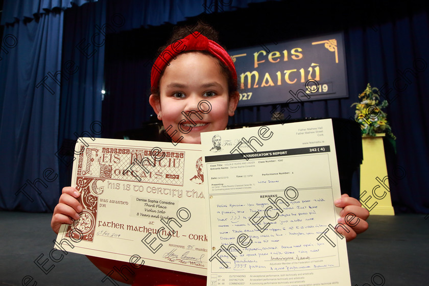 Feis0402109Mon11 
 11
Joint 3rd place Sophia Considine from Rochestown.

Class: 242: Violin Solo 8 Years and Under (a) CarsePetite Reverie (Classical Carse Bk.1) (b) Contrasting piece not to exceed 2 minutes.

Feis Maiti 93rd Festival held in Fr. Matthew Hall. EEjob 04/02/2019. Picture: Gerard Bonus