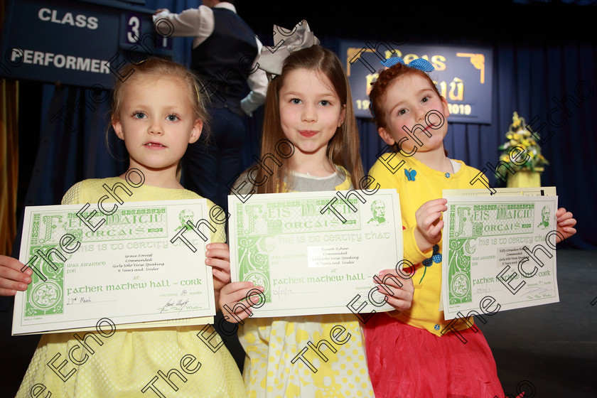 Feis23032019Sat56 
 56
Commended Grace Forrest, Niamh Nyhan and Kitty Considine from Mogeely, Glanmire and Ballincollig

Class: 369: Solo Verse Speaking Girls 6 Years and Under Section 2 Either Ice Cone Island Bernard Lodge or Night Fright Marian Swinger.

Feis Maiti 93rd Festival held in Fr. Mathew Hall. EEjob 23/03/2019. Picture: Gerard Bonus.