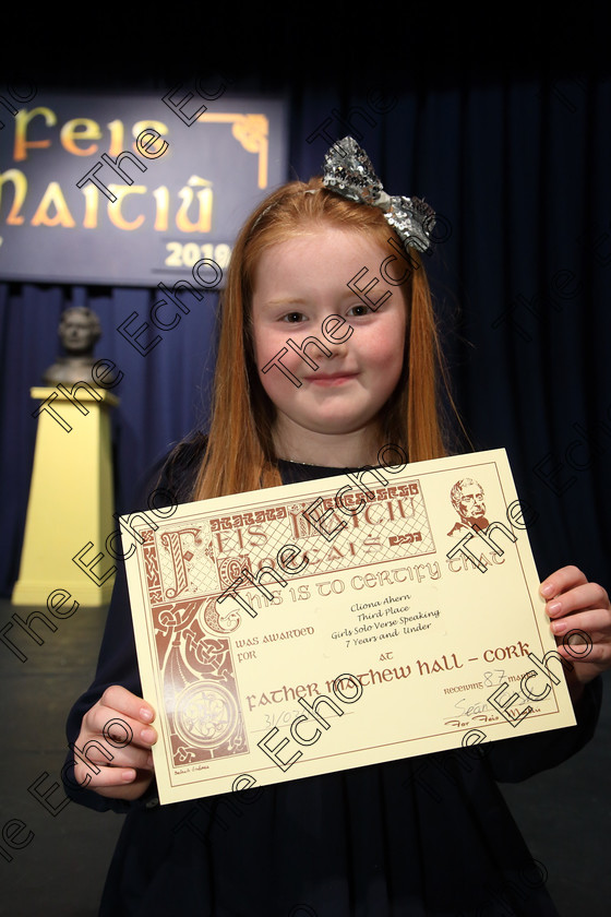 Feis31032019Sun59 
 59
3rd place Cliona Aherne from Ballinora.

Class: 368: Solo Verse Speaking Girls 7 Years and Under Section 5 Either: The Mermaid Theresa Heine. Or: Night Ride Celia Warren.

Feis Maiti 93rd Festival held in Fr. Mathew Hall. EEjob 31/03/2019. Picture: Gerard Bonus