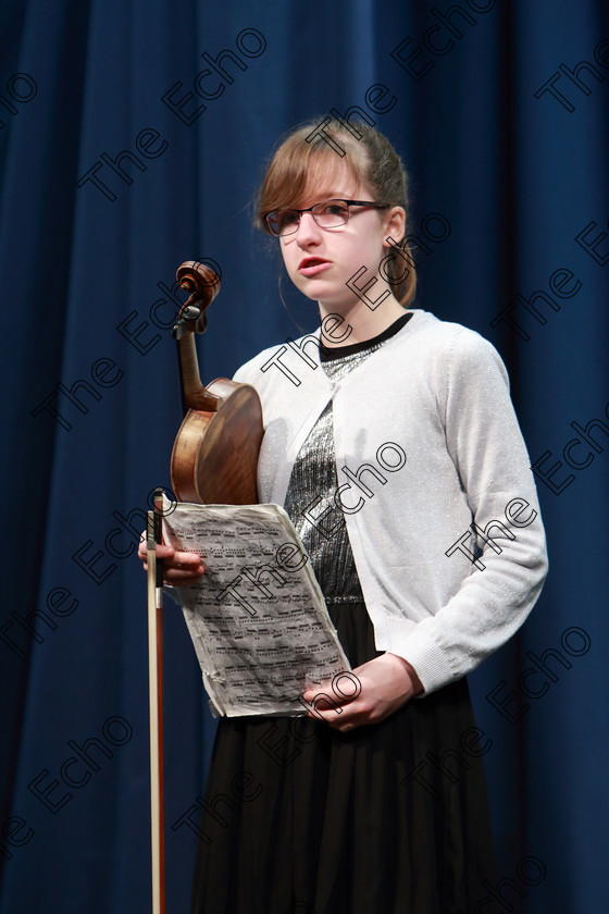 Feis0502109Tue18 
 18~20
Meadhbh N Chathasaigh from Farran performing accompanied by Susan OBrien.

Class: 232: The Houlihan Memorial Perpetual Cup String Repertoire 14 Years and Under Programme of contrasting style and period, time limit 12 minutes.

Feis Maiti 93rd Festival held in Fr. Matthew Hall. EEjob 05/02/2019. Picture: Gerard Bonus