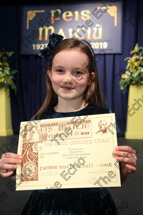 Feis31032019Sun60 
 60
3rd place Erica Downey from Carrigtwohill.

Class: 368: Solo Verse Speaking Girls 7 Years and Under Section 5 Either: The Mermaid Theresa Heine. Or: Night Ride Celia Warren.

Feis Maiti 93rd Festival held in Fr. Mathew Hall. EEjob 31/03/2019. Picture: Gerard Bonus