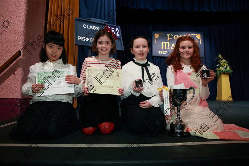 Feis21022018Wed01 
 1
Commended Ellie Hosford from Bandon; 3rd place Jenny Pollock from Lehenaghmore; Bronze Medallist Eva Spillane from Bandon and Cup winner and Silver Medallist Muireann Kelleher from Ballincollig.
 Speech and Drama Classes: 352: The Marie Fogarty Perpetual Cup Victorian Verse and Prose 10 Years and Under Feis Maiti 92nd Festival held in Fr. Mathew Hall. EEjob 21/02/2018 Picture: Gerard Bonus.