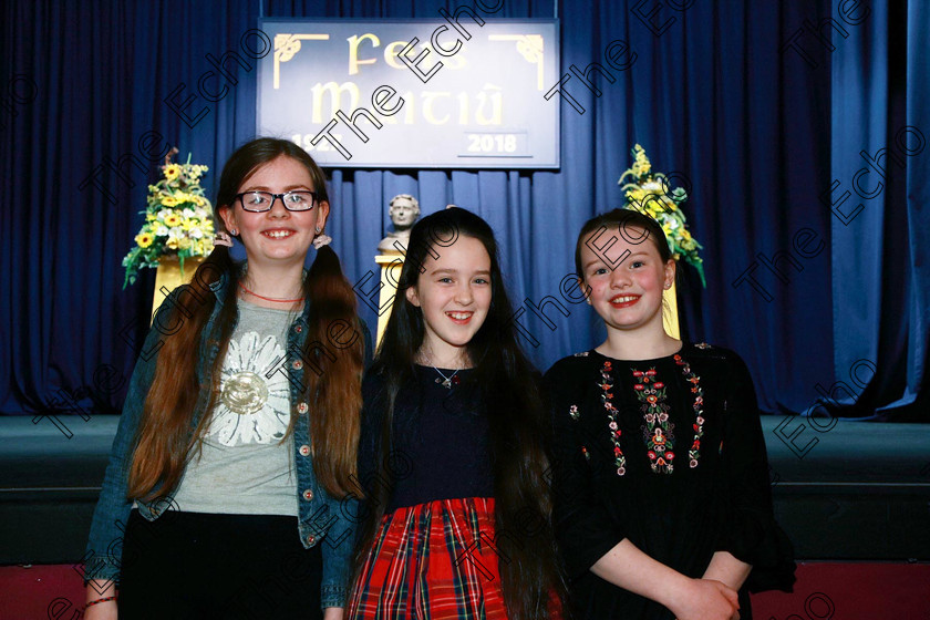 Feis20022018Tue28 
 28
Performers Siobhn Carter, Aoibhe ODwyer and Saoirse McHugh from Bishopstown and Carrigrohane.
 Speech and Drama Class: 364: Girls 11 Years and Under Section 1 Feis Maiti 92nd Festival held in Fr. Mathew Hall. EEjob 20/02/2018 Picture: Gerard Bonus.